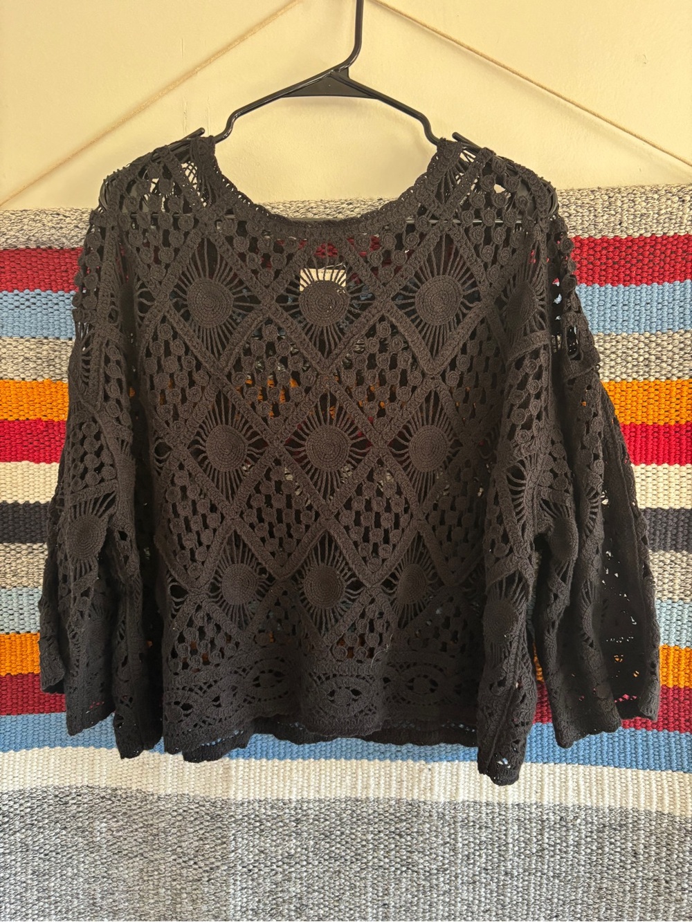 a.n.a Black Crochet Openwork Crewneck Sweater